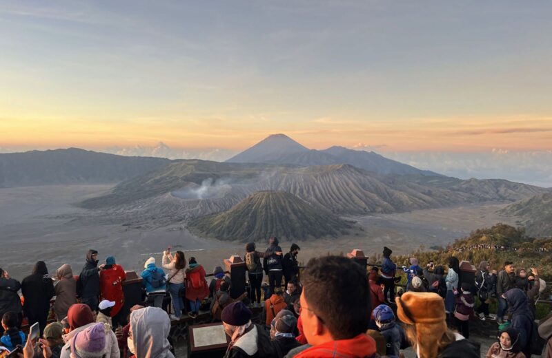 Sunrise at the Penanjakan viewpoint with Bromo, Batok and Semeru glowing in the first light