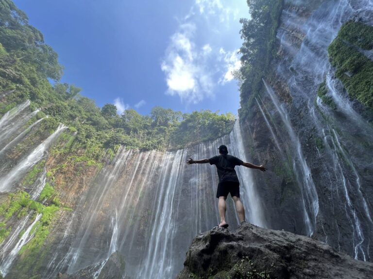 The curtain of waterfalls at Tumpak Sewu seen from below